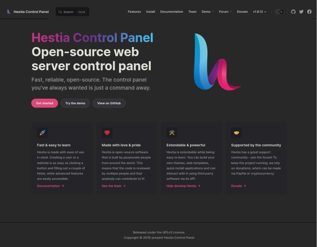 Website Screenshot von Hestia Conrtol Panel