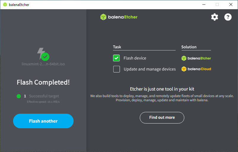 balenaEtcher Flash Completed Tool zum schreiben von Images auf USB-Sticks