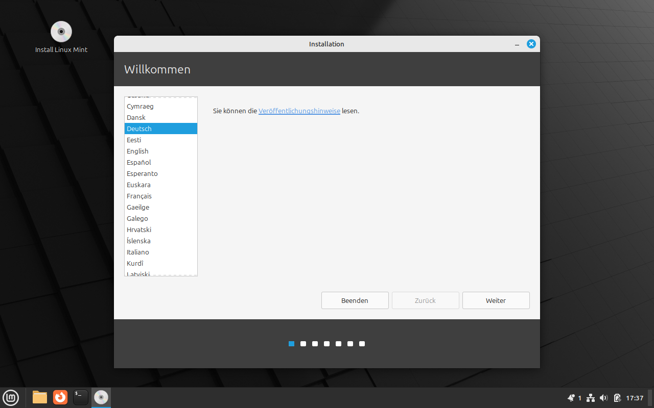 Fenster mit Auswahl der Sprache zur Installation von Linux Mint