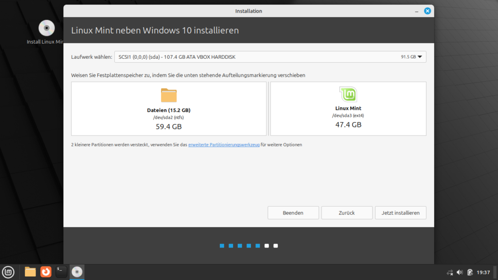 Linux Mint Installation - Speicherplatz Windows und Linux Mint aufteilen.