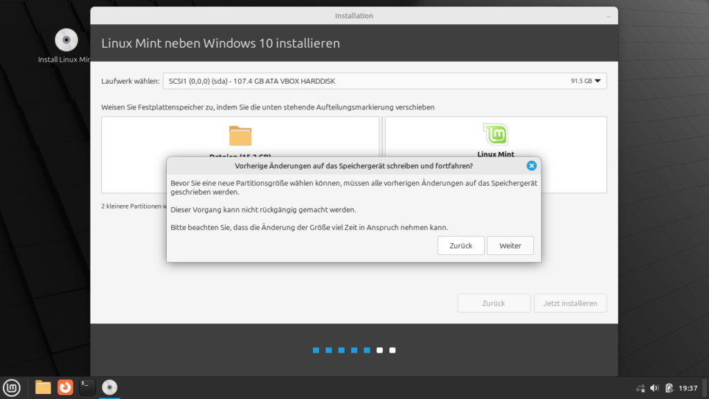 Linux Mint Installation - Änderung auf Speichergerät schreiben