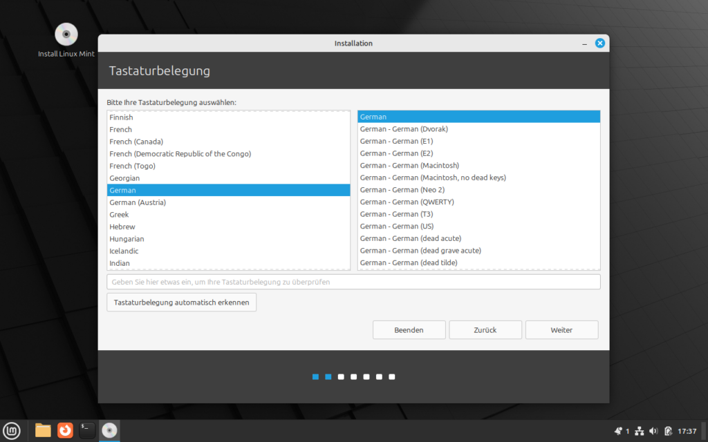 Linux Mint Installation - Tastaturlayout auswählen-
