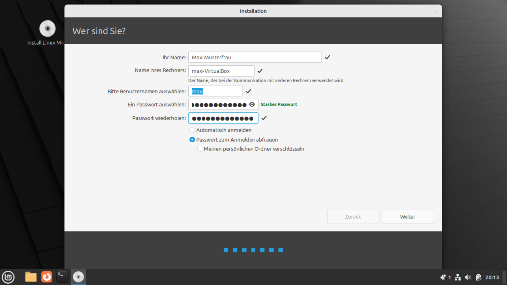 Linux Mint Installation - Eigene Daten eingeben